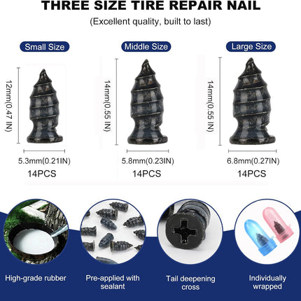 42PCS Tire Repair Plug Kit, 3 Sizes Self-Sealing Rubber Plugs with Sealant & Tool