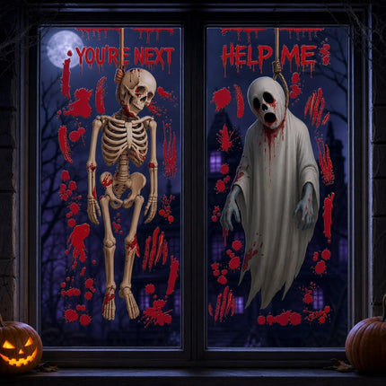Scary Halloween Window Clings, Bloody Skeleton Ghost Pumpkin Bat Spider Decals