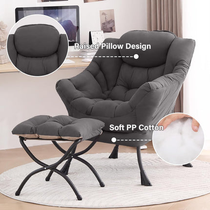 Dark Grey Lazy Chair with Ottoman, Padded Lounge Accent Chair with Side Pocket