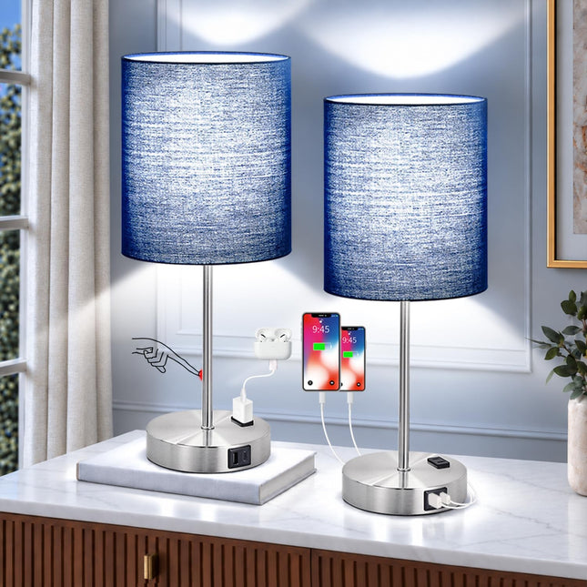 Set of 2 Touch Table Lamps 17.6 Inch Blue Fabric Shade USB-A USB-C AC Outlet