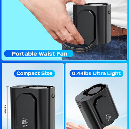 Portable Waist Cooling Fan, 10000RPM, Belt Clip, 20H Battery, Outdoor Travel