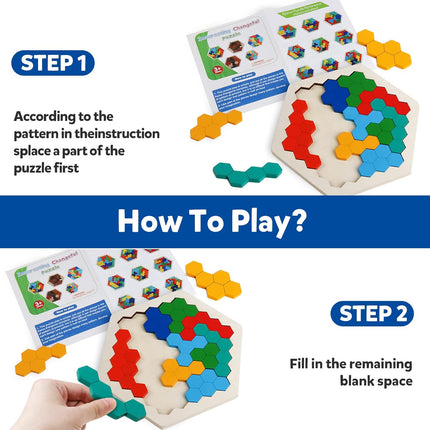 Wooden Hexagon Puzzle – STEM Tangram Brain Teaser for Kids & Adults
