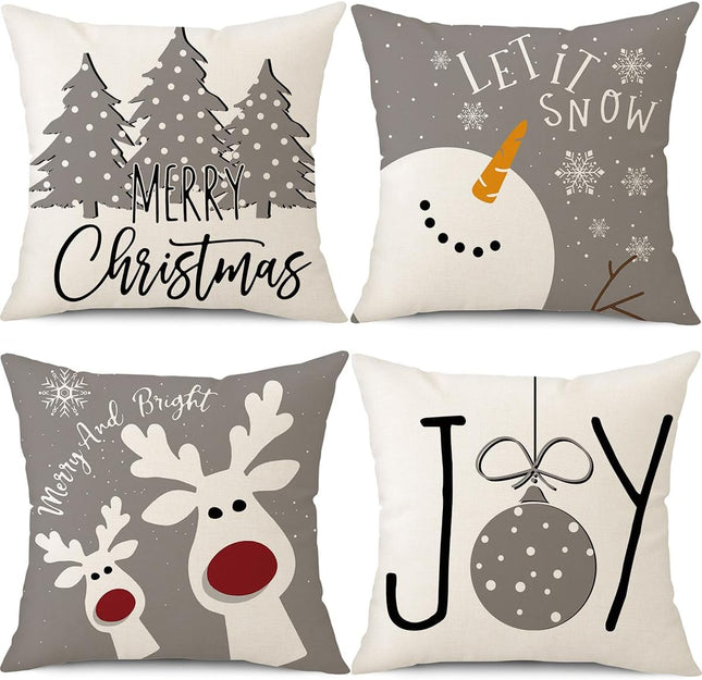 Christmas Pillow Covers 18x18 Set of 4 – Snowman, Deer, Tree, and Winter Holiday Decorations