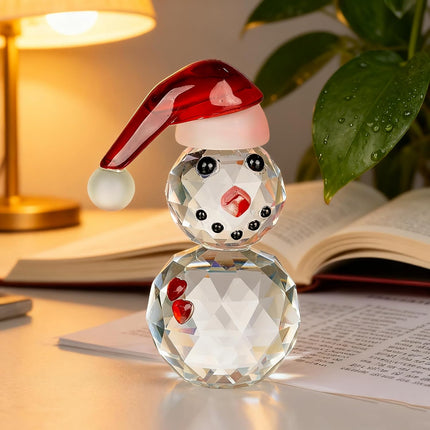 Christmas Glass Snowman Figurine | Red Hat Ornament & Paperweight
