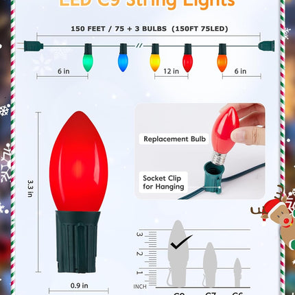 C9 LED Christmas Lights 150ft – Multicolor Shatterproof Bulbs, Outdoor Waterproof