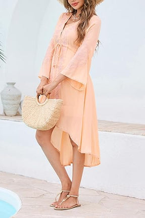 Womens Long Dress V Neck Bell Sleeve Floral Embroidery High Low Hem