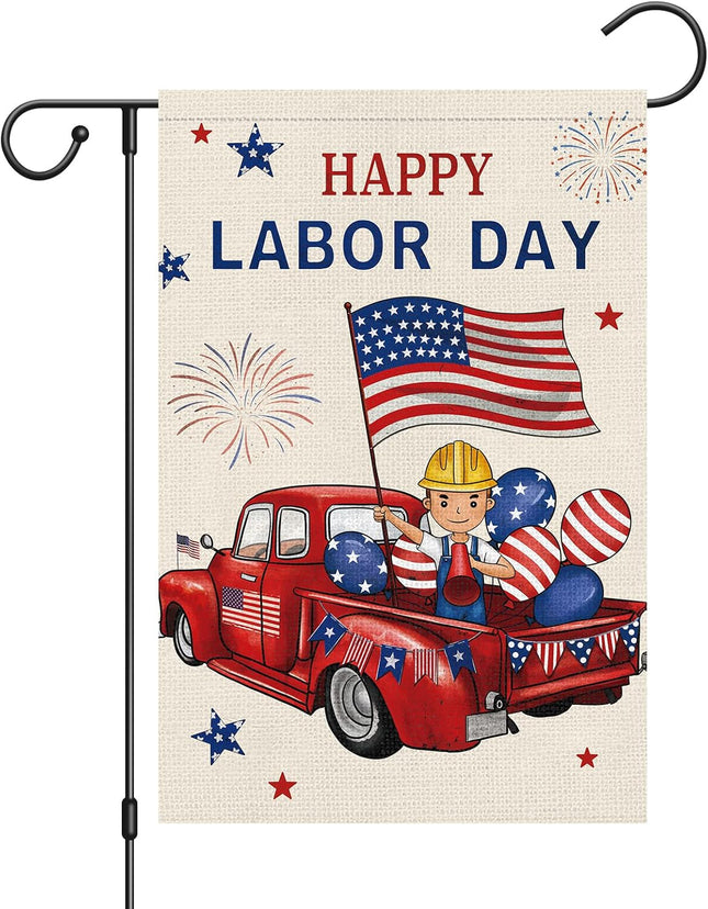 Happy Labor Day Garden Flag 12x18 Double Sided Burlap American Flag Only
