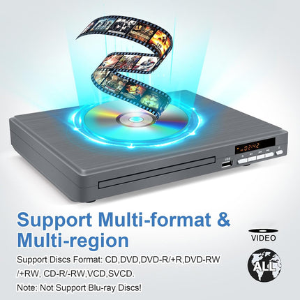 Region-Free DVD Player DVD-198 with HDMI, USB & 1080P Upscaling, Grey