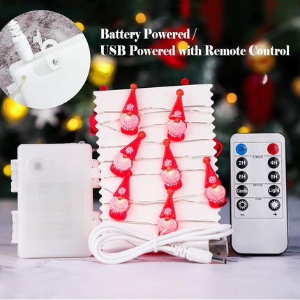 10ft Gnome Christmas String Lights 30 LED | Battery & USB with Remote