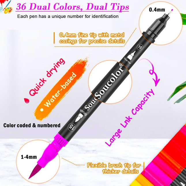36 Colors Dual Tip Art Brush Markers Pens for Coloring Calligraphy Drawing
