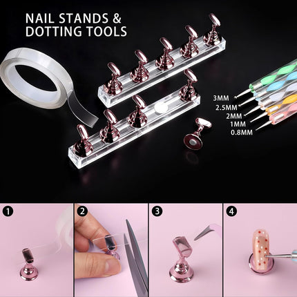 4 Boxes Nail Charms & Gems Set, Rhinestones, Pearls, Stickers, Brushes & Nail Art Tools