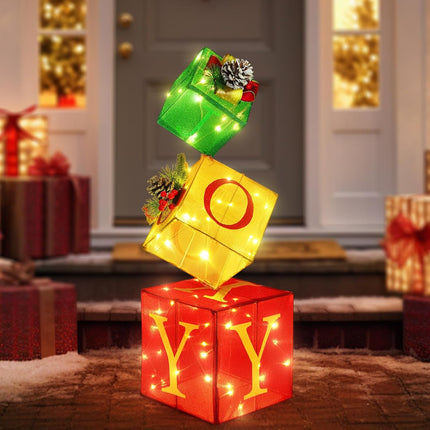 3PCS Lighted Christmas Nesting Boxes – JOY Gift Box Set, 2.6FT, Battery Operated
