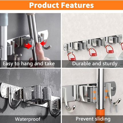 Mop & Broom Holder – Wall Mount Organizer with 3 Racks & 4 Hooks