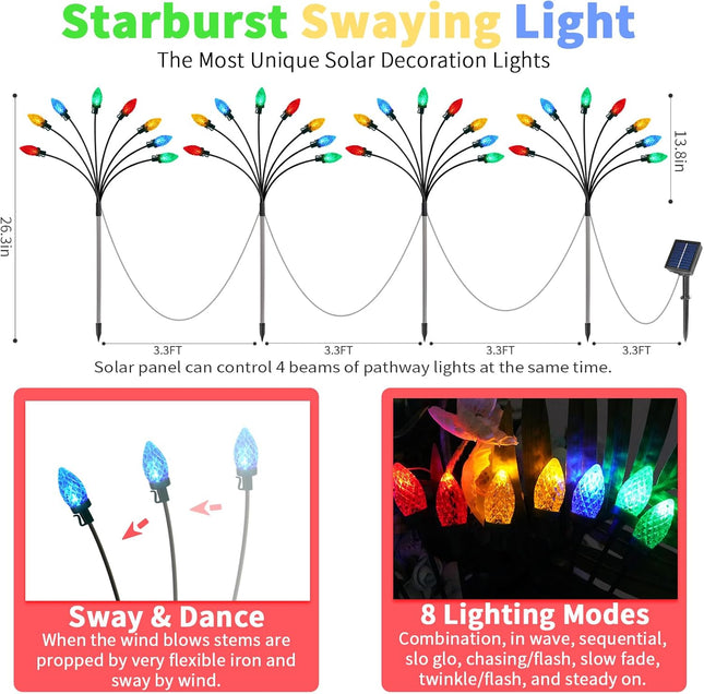 4-Pack C7 Solar Christmas Stake Lights with 8 Modes, Vintage Multicolor Garden Decor