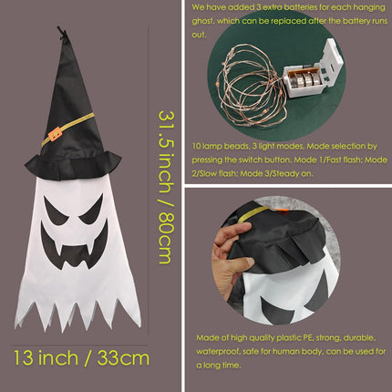 3-Piece Large Lighted Halloween Ghost & Witch Hat Hanging Decor for Yard & Garden
