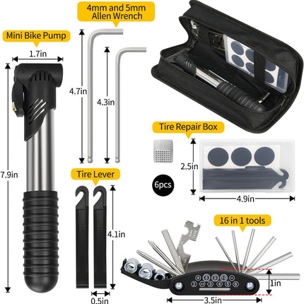 Bike Repair Kit with Tire Pump & Multitool, Allen Wrench Set for MTB & Road Bikes
