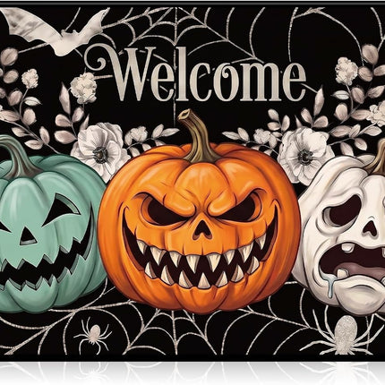 Halloween Welcome Door Mat 17x29in, Non-Slip Spooky Pumpkin Absorbent Rug