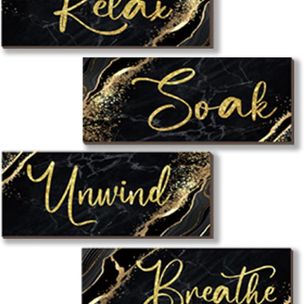 4 Pcs Black Gold Bathroom Wall Decor Wood Rustic Relax Soak Unwind Breathe