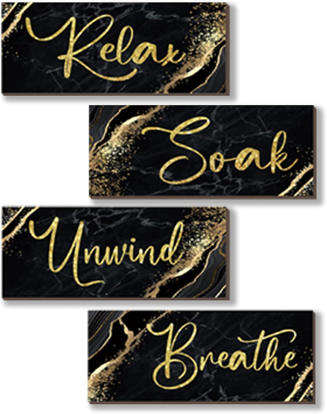 4 Pcs Black Gold Bathroom Wall Decor Wood Rustic Relax Soak Unwind Breathe