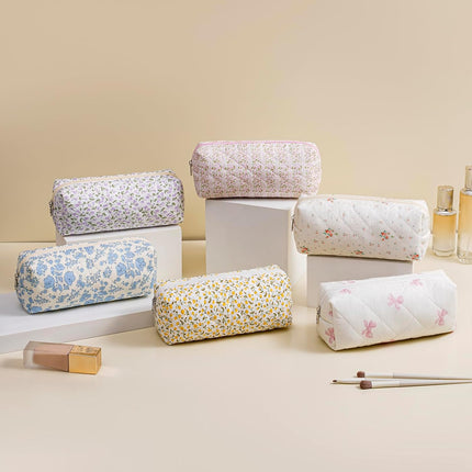 Cute Floral Cotton Makeup Bag – Travel Quilted Cosmetic Pouch, Pink
