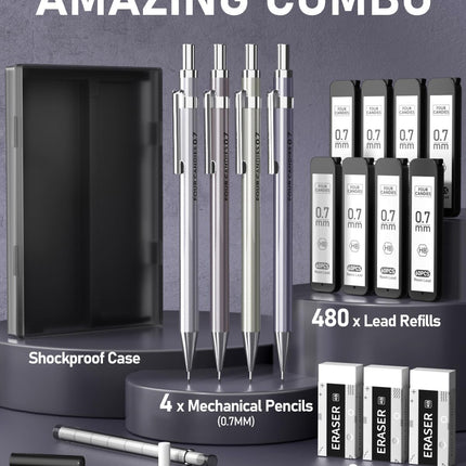 4PCS 0.7mm Mechanical Pencils – Lead & Eraser Refills for Writing & Drawing