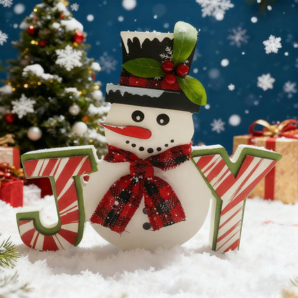 Wooden Snowman Christmas Decor – Indoor Winter Joy Block Sign for Home & Mantel