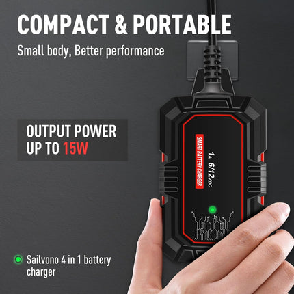 1A Battery Charger – 6V/12V Smart Trickle, 10-Stage, LiFePO4, Automatic Maintainer