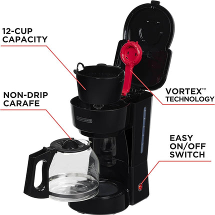 12-Cup Coffee Maker with Easy On/Off Switch, Non-Drip Carafe, Black