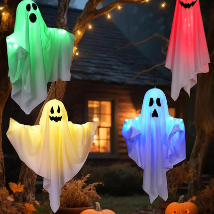 4-Pack Light-Up Hanging Ghosts, Halloween Haunted House Decor for Indoor & Outdoor