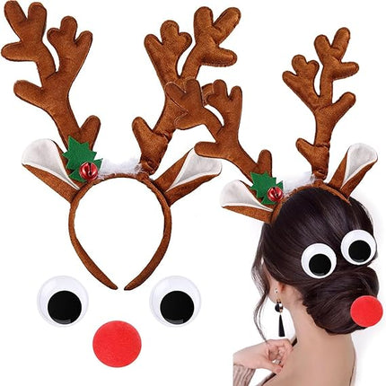 4 PCS Christmas Reindeer Antlers Headbands with Red Nose & Jingle Bells