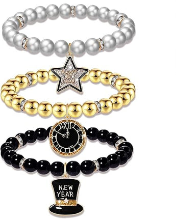 Happy New Year Charm Bracelets – Pearl Beaded NYE Party Gifts for Women
