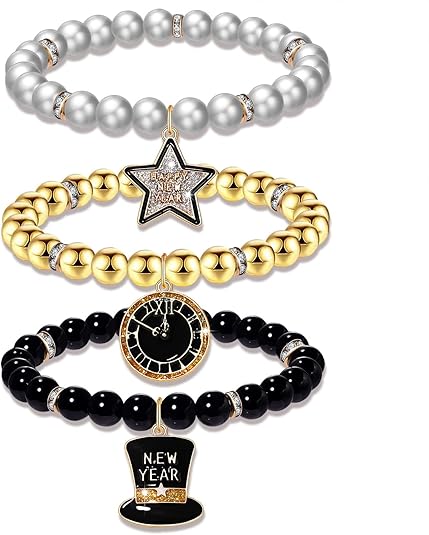 Happy New Year Charm Bracelets – Pearl Beaded NYE Party Gifts for Women