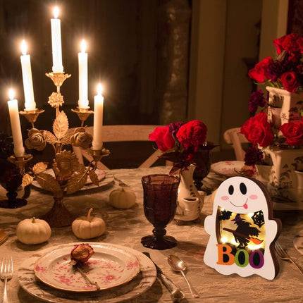 2-Piece Lighted Halloween Wooden Table Decor, LED Ghost Pumpkin BOO Centerpieces