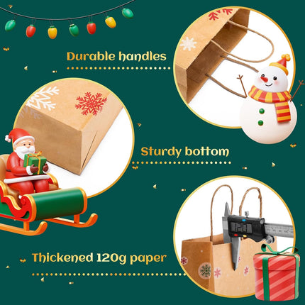 24PCS Assorted Christmas Gift Bags, 8.6x7x3.3'' Kraft Paper with Handles for Holiday Crafting