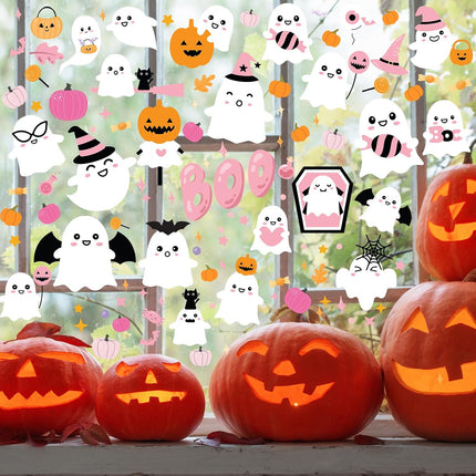 116-Piece Pink Halloween Wall Clings, Cute Ghost Pumpkin Boo Reusable Decals, 6 Sheets