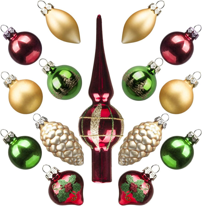 15 PCS Mini Christmas Ornaments Red Gold Green Glass Tree Decorations