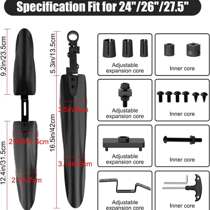 Bike Mudguard Set, Adjustable Front & Rear Mud Flaps for 24-27.5in MTB Road Bikes