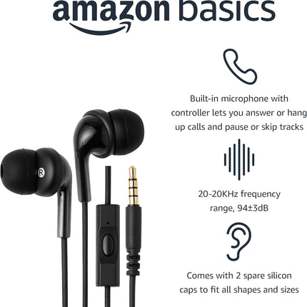 Wired Earbuds with Microphone | In-Ear Headphones, 3.5mm Jack, Black