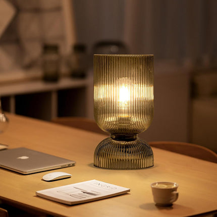 Modern Glass Table Lamp Mid Century Smoky Gray Shade Bedside Nightstand Lamp