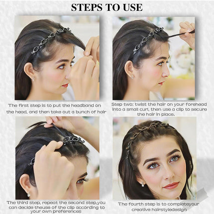 2Pcs Braided Bang Headband with Clips Teeth Woven Hairband for Women Black Brown