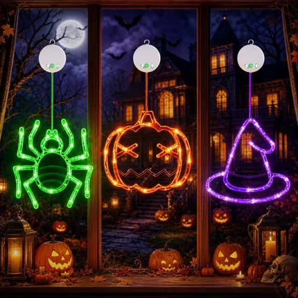 3-Pack Halloween Window Lights, Pumpkin Spider Witch Hat, 8 Modes & Timer