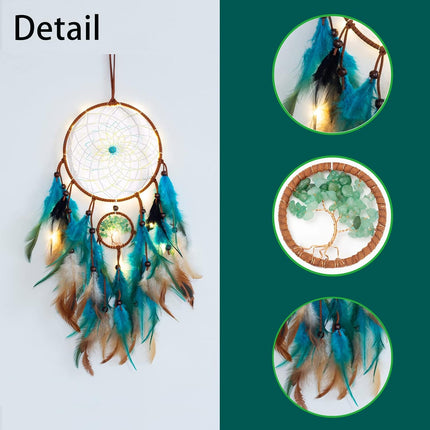 Blue Tree of Life Dream Catcher with Feathers, Quartz Beads and LED Fairy Lights