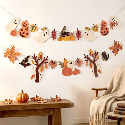 2-Piece Halloween Fall Ghost Pumpkin Maple Leaf Paper Banner Bunting Decor