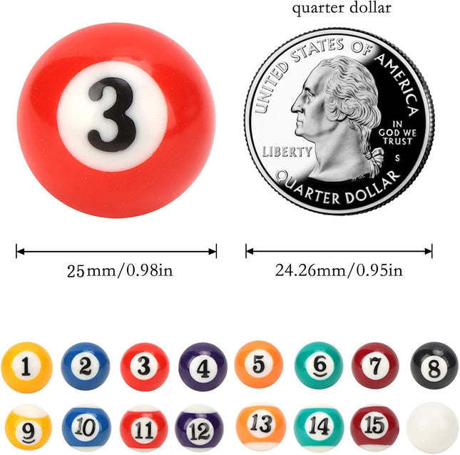 16 Pc Mini Billiard Balls 0.98", Resin Pool Balls for Kids Tabletop Games Decor