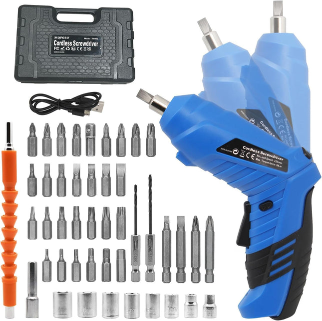 Blue Cordless Electric Screwdriver Set – 3.7V Rechargeable with 47 Driver Bits & LED Light