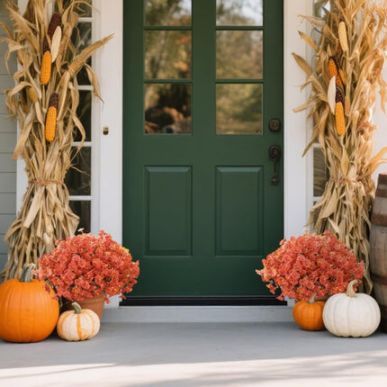 Artificial Fall Mums & Eucalyptus Bundles – UV-Resistant Orange Faux Flowers for Porch & Patio