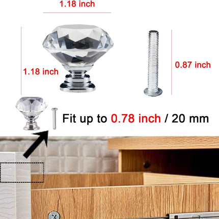 12PCS Diamond-Shaped Crystal Glass Drawer Knobs – 30mm Silver Cabinet Pulls