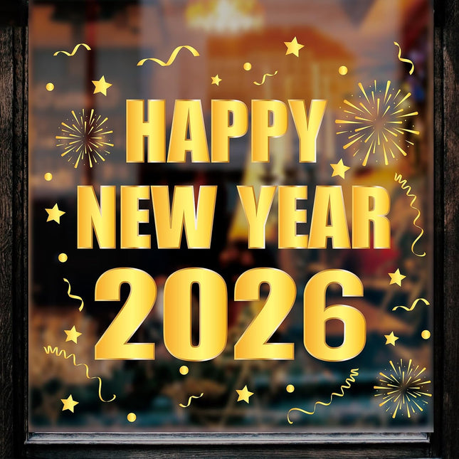 Happy New Year 2026 Window Decals – 6-Pc Gold Foil Party Decorations