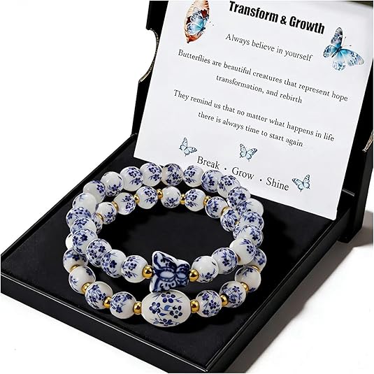 Butterfly Charm Bracelet Set Blue & White Porcelain Beaded, Adjustable Vintage Stretch Bracelets
