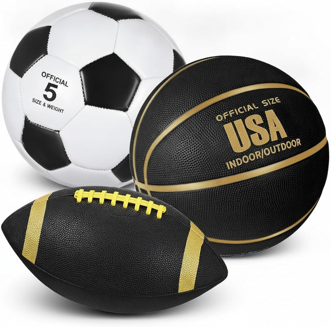 3 Piece Sports Ball Set, Size 7 Basketball, Size 5 Soccer Ball, Size 9 Football